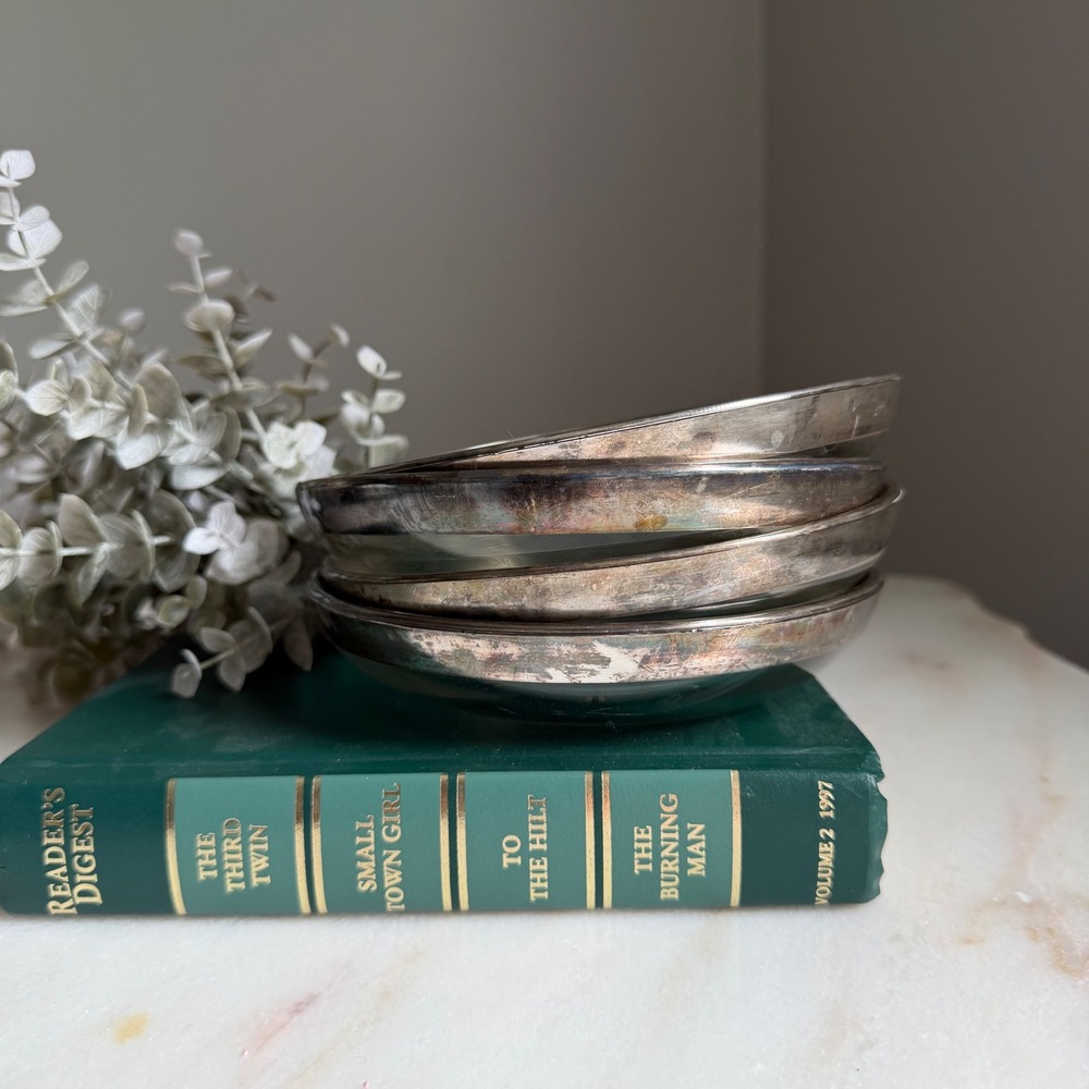 Vintage Glass Snack Bowl with Silver Metal Rim Set of 4‎ Mid Century 6 inch